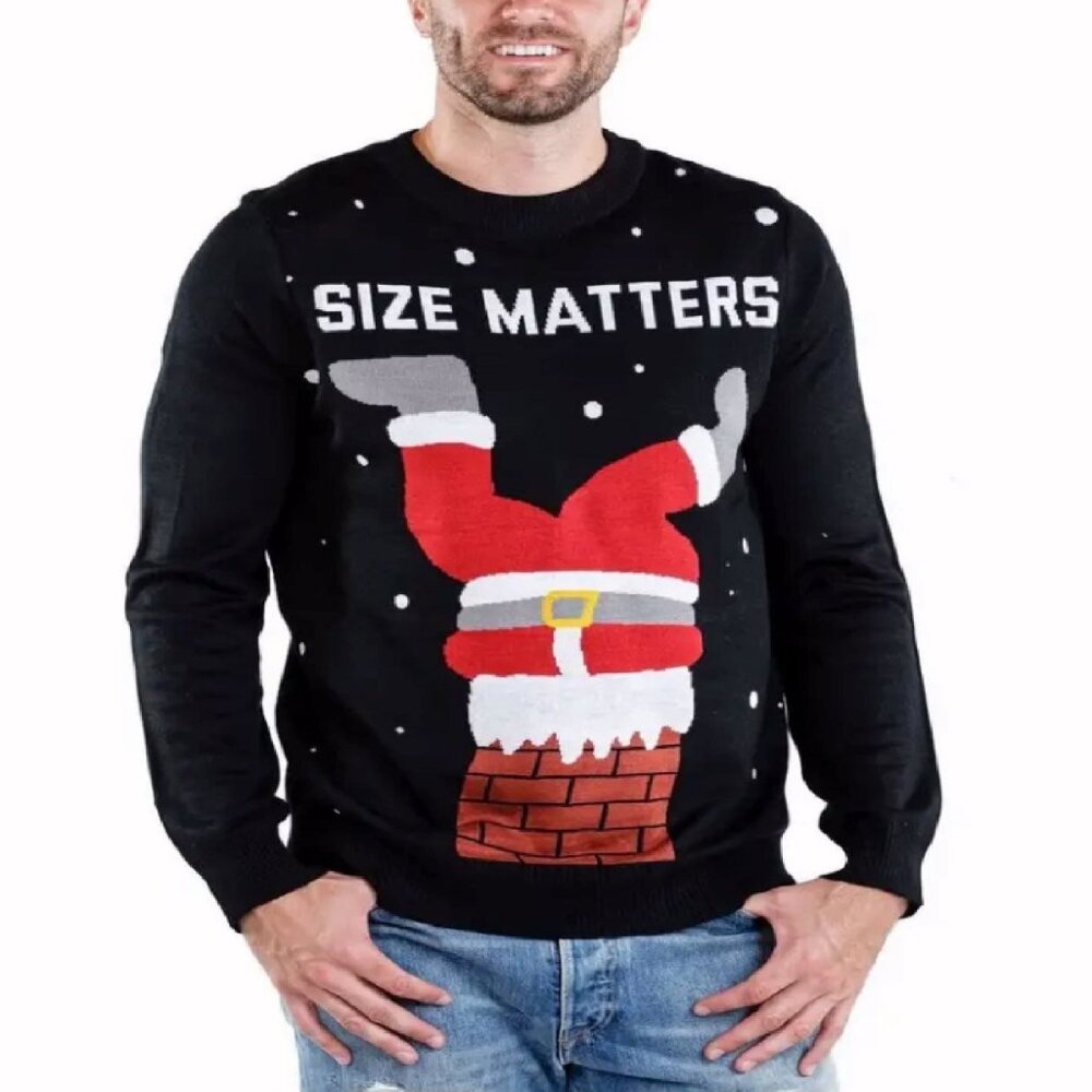 Stuck Santa Size Matters Humorous Christmas Sweater NEW Fast Ship